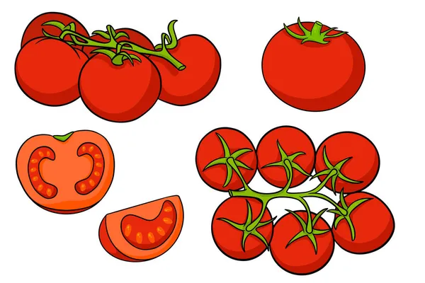 Tomatenset Frische Tomaten Tomaten Auf Einem Zweig Anderthalb Keile Cartoon — Stockvektor