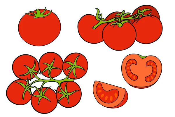 Tomatenset Frische Tomaten Tomaten Auf Einem Zweig Anderthalb Keile Cartoon — Stockvektor