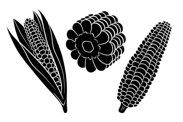 Maisset Vorhanden Frische Maiskolben Mit Und Ohne Blätter Silhouette Vektor — Stockvektor