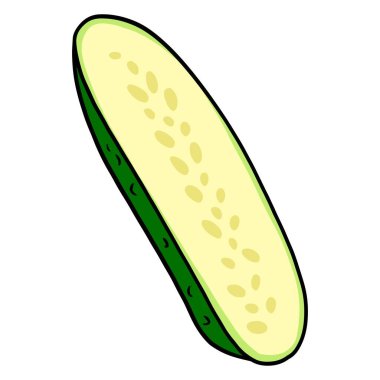 Taze salatalık. Yarım salatalık kes. Mutfak malzemesi. Çizgi film tarzı. Tasarım ve dekorasyon için vektör illüstrasyonu.