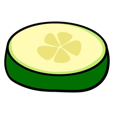 Taze salatalık. Doğranmış salatalık dilimleri. Mutfak malzemesi. Çizgi film tarzı. Tasarım ve dekorasyon için vektör illüstrasyonu.