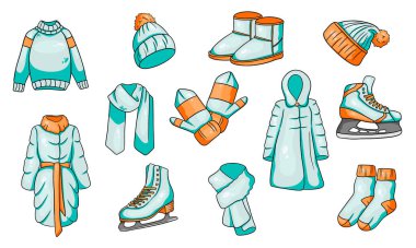 Kış eşyaları. Kalın giysi koleksiyonu. Çizgi film tarzı. Vektör illüstrasyonu.