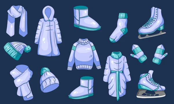 Una Serie Cose Invernali Collezione Vestiti Caldi Stile Cartone Animato — Vettoriale Stock