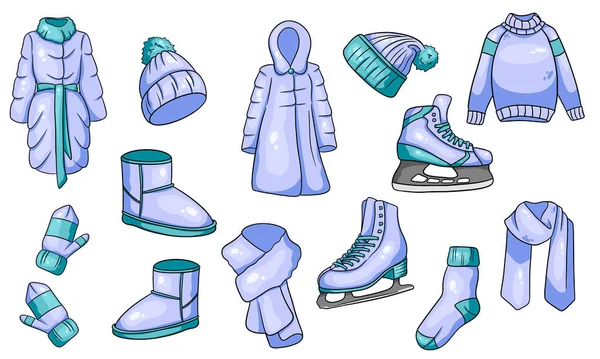 冬のもののセット 暖かい服のコレクション 漫画風 ベクターイラスト — ストックベクタ