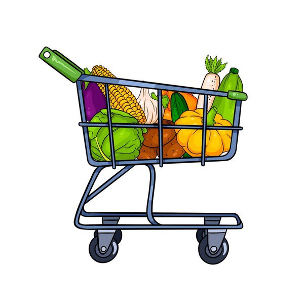 Grocery cart with vegetables. Shopping in the store.