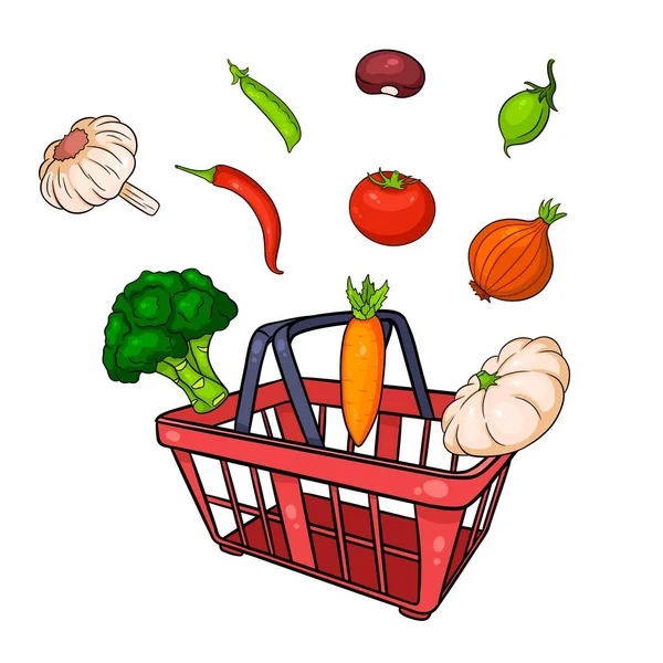 Grocery basket with vegetables. Shopping in the store. — Stock Vector