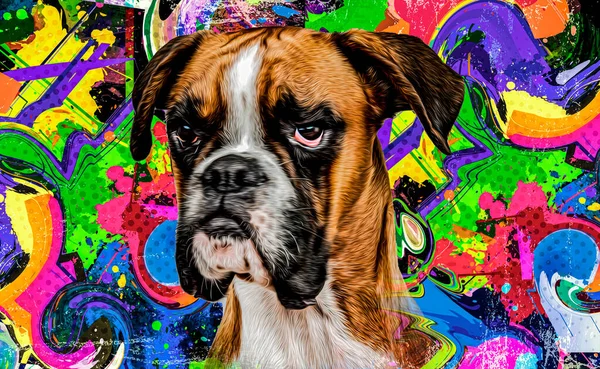背景に創造的なカラフルな抽象的な要素を持つボクサー犬の頭 — ストック写真