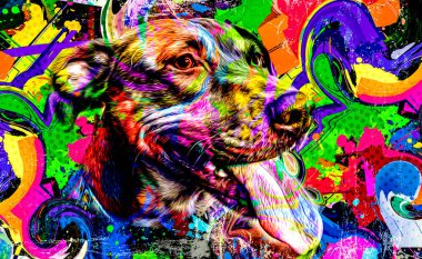 Koyu arkaplanda yaratıcı renkli soyut elementlere sahip köpek kafası
