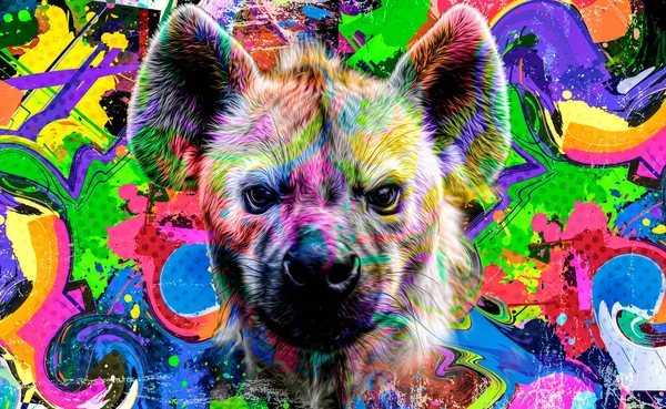 Colorful Artistic Hyena Muzzle Bright Paint Splatters Dark Background — Stock Photo, Image