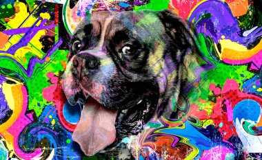 Arkaplanda yaratıcı renkli soyut unsurlara sahip boksör köpek kafası