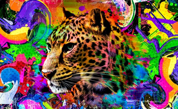 Colorful Artistic Leopard Muzzle Bright Paint Splatters Dark Background — Stock Photo, Image