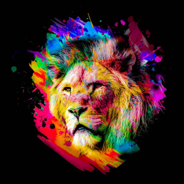 Colorful Artistic Lion Muzzle Bright Paint Splatters Dark Background — Stock Photo, Image