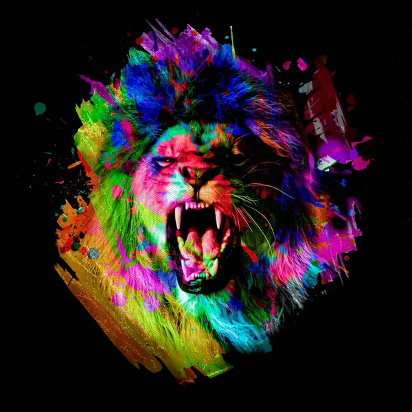 Colorful Artistic Lion Muzzle Bright Paint Splatters Dark Background — Stock Photo, Image