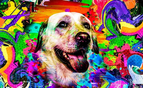 dog head with creative colorful abstract elements on dark background