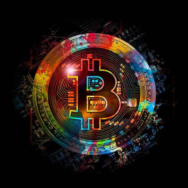 Färgglada Bitcoin Med Ljusa Färg Stänk Mörk Bakgrund Cryptocurrency Koncept — Stockfoto