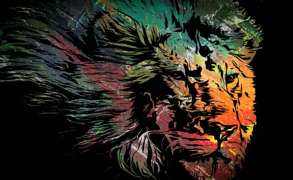 暗い背景に明るいペイントスプラッターとカラフルな芸術的なライオンの銃口 — ストック写真