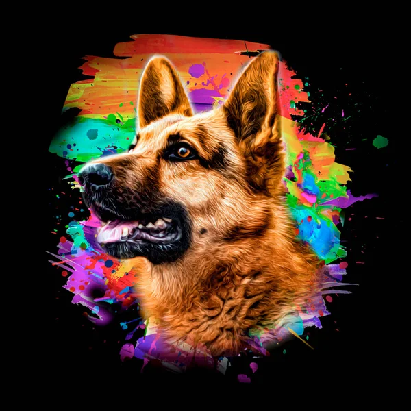 dog head with creative colorful abstract elements on dark background