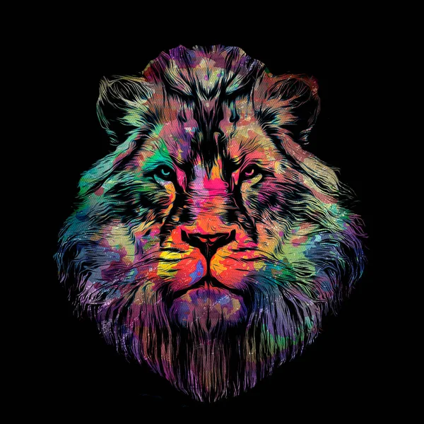 暗い背景に明るいペイントスプラッターとカラフルな芸術的なライオンの銃口 — ストック写真