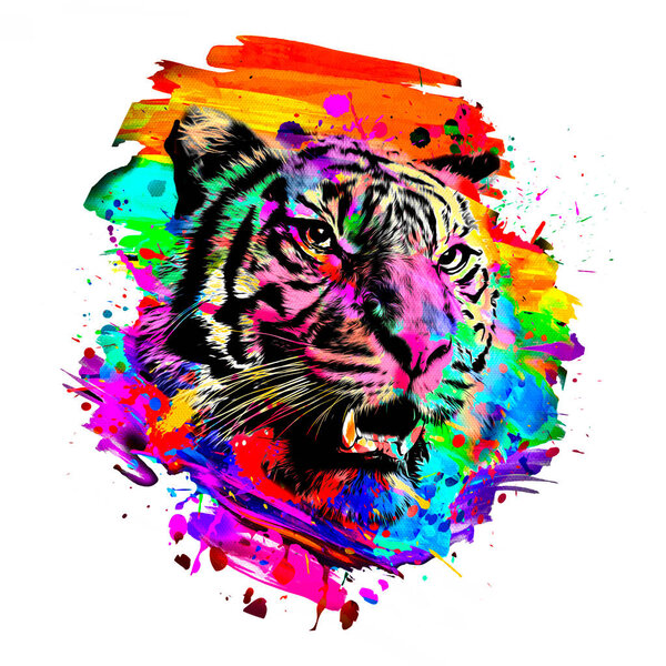 tiger head with creative colorful abstract elements on white background