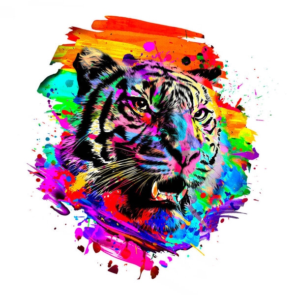 tiger head with creative colorful abstract elements on white background