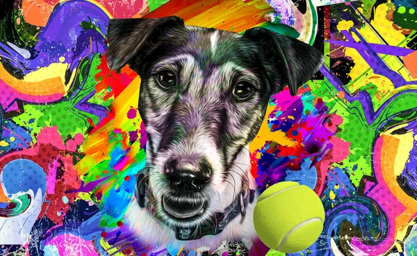 創造的なカラフルな抽象的な要素を持つ犬の頭 ストリートカラーアートの背景 — ストック写真