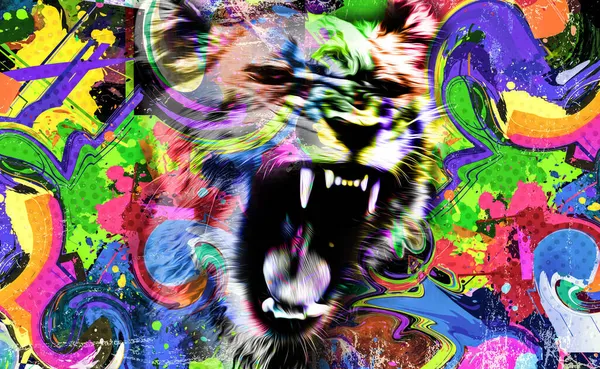 明るいペイントスプラッターとカラフルな芸術的なライオンの銃口 — ストック写真