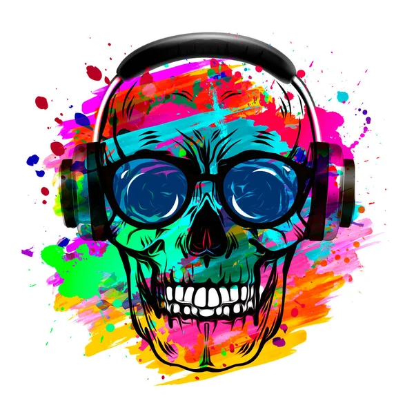 Abstract Colored Skull Eyeglasses Headphones Isolated White Background Paint Splashes — Stock Photo, Image