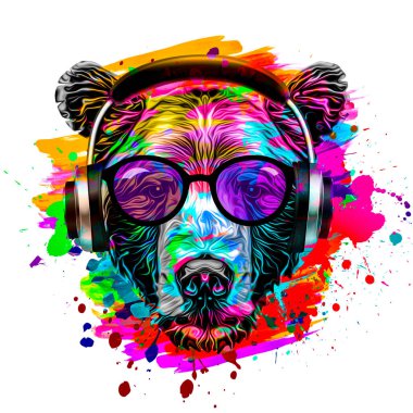 Gözlüklü ve kulaklıklı soyut renkli ayı ağızlığı beyaz arka planda izole edilmiş ve boya lekeleri var.