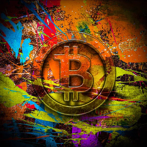 Bitcoin Med Ljusa Färg Stänk Färgglada Bakgrund Cryptocurrency Koncept — Stockfoto