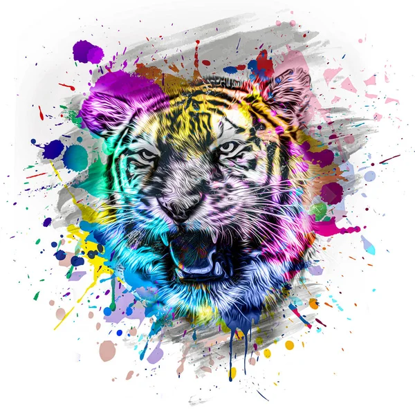 Tête Tigre Avec Des Éléments Abstraits Colorés Créatifs — Photo