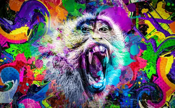 Focinho Macaco Colorido Com Respingos Tinta Brilhante Fundo Colorido — Fotografia de Stock