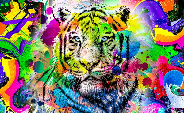 Cabeça Tigre Com Elemento Abstrato Criativo Colorido Fundo Brilhante — Fotografia de Stock