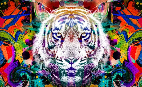 Cabeça Tigre Com Elementos Abstratos Criativos Coloridos Fundo Brilhante — Fotografia de Stock