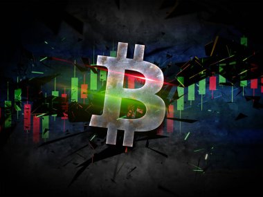 Renkli arkaplan, kripto para kavramı renk sanatı üzerine üç boyutlu bitcoin kripto para oluşturma