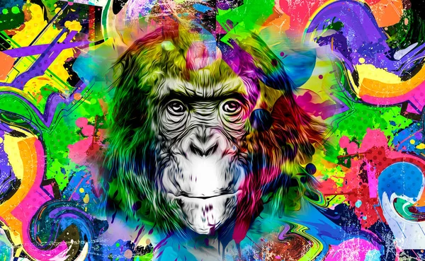 明るいペイントスプラッターとカラフルな芸術的な猿の銃口 — ストック写真