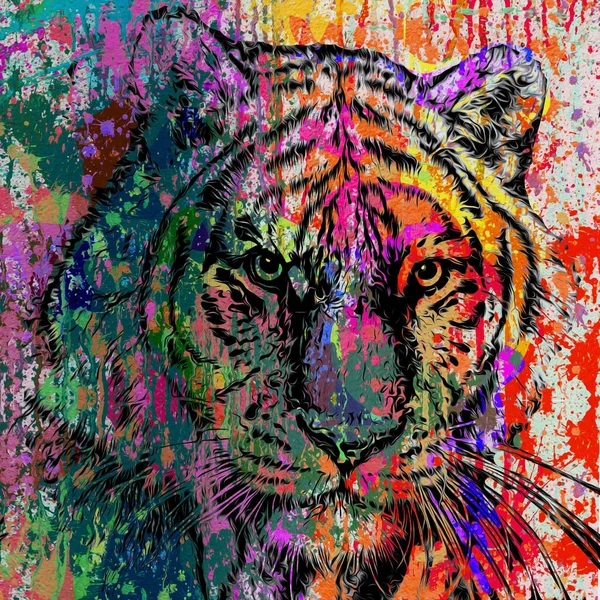 Fundo Colorido Abstrato Brilhante Com Tigre Salpicos Tinta — Fotografia de Stock