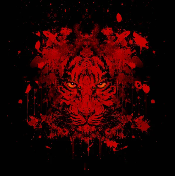 Illustration Tête Tigre Sur Fond Noir Sang Rouge — Photo