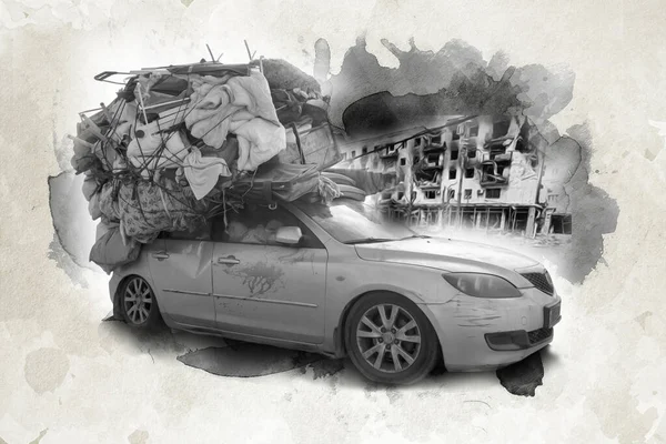 以一辆汽车为背景的乌克兰被毁城市的图像 — 图库照片