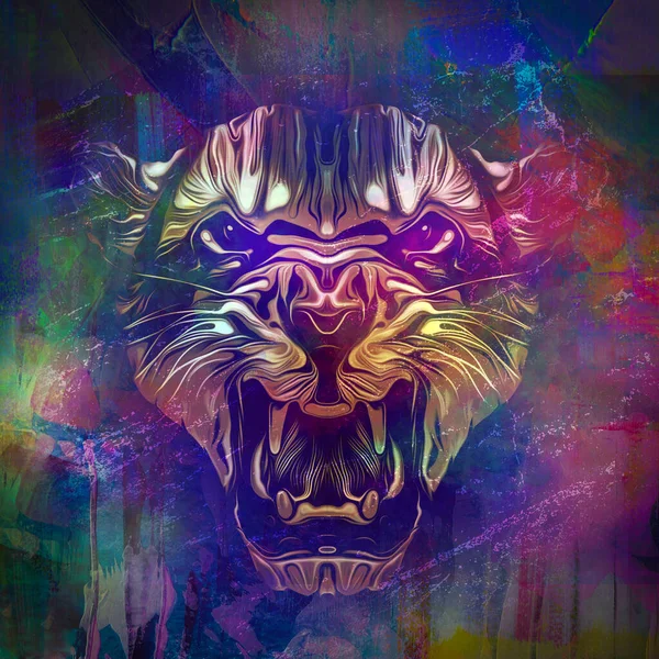 Głowica Tygrysa Kreatywnymi Kolorowymi Elementami Abstrakcyjnymi Ciemnym Tle — Zdjęcie stockowe