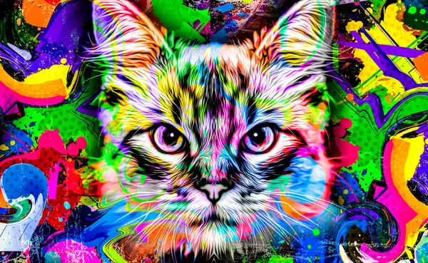 Testa Gatto Con Elementi Astratti Colorati Creativi Sfondo Luce Colore — Foto Stock