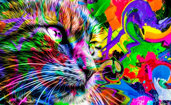 Cabeza Gato Con Elementos Abstractos Coloridos Creativos Arte Color Fondo — Foto de Stock