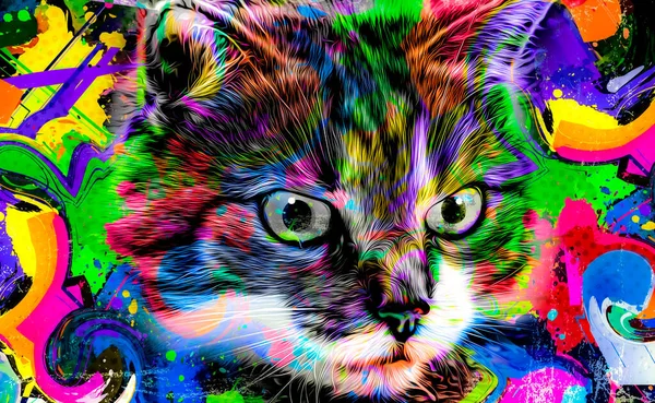 Katzenkopf Mit Kreativen Bunten Abstrakten Elementen Auf Hellem Hintergrund Farbkunst — Stockfoto