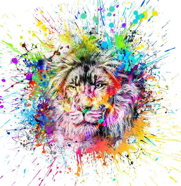 Lejonhuvud Med Kreativa Färgglada Abstrakta Element Mörk Bakgrund Färg Konst — Stockfoto