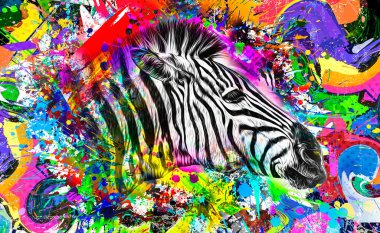 Renkli sanatçı zebra ağızlık ve parlak boya renk sanatı serpiştirir.