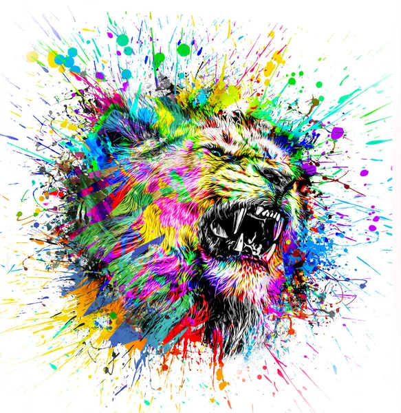 Lejonhuvud Med Kreativa Abstrakta Färgglada Fläckar Element Grunge Bakgrund — Stockfoto