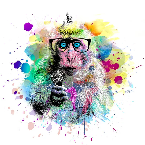 Macaco Com Microfone Óculos Cor Engraçada Ilustração Arte Música — Fotografia de Stock