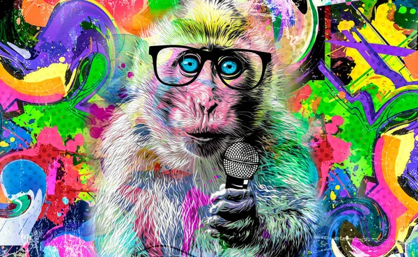Affe Mit Mikrofon Und Brille Lustige Farbabbildung Musikkunst — Stockfoto