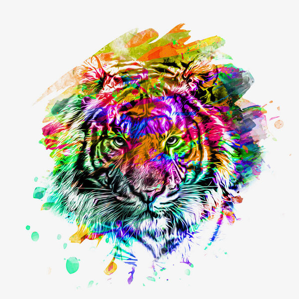 Bright abstract colorful background with tiger, paint splashes color art