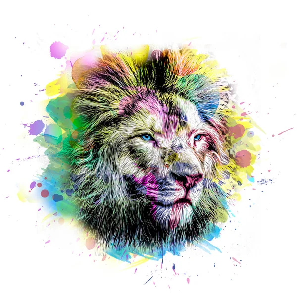 lion head with creative abstract elements isolated on white background, close view color art