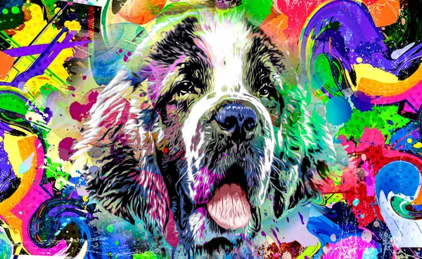 colorful artistic dog muzzle with bright paint splatters on dark background color art